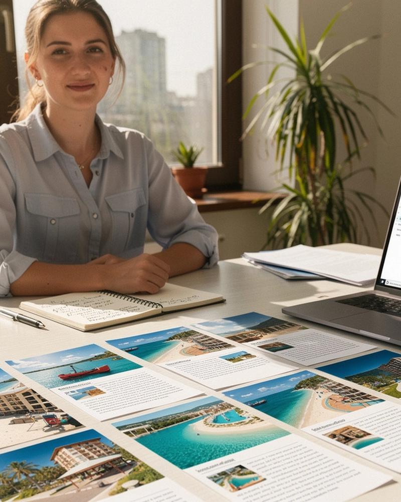 Travel planner reviewing a family beach itinerary at a desk in Kyiv