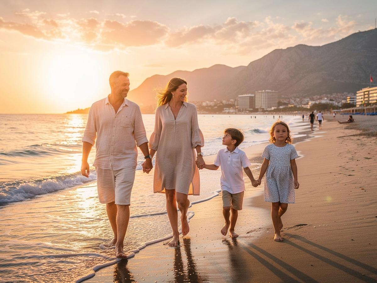 Family with two children walking along a warm Mediterranean beach in Antalya