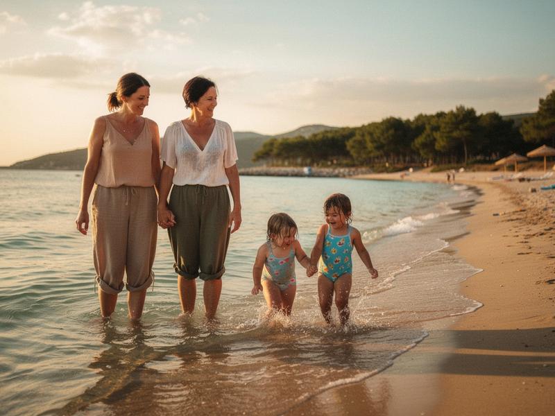 Family on a sandy Turkish Mediterranean beach near Antalya