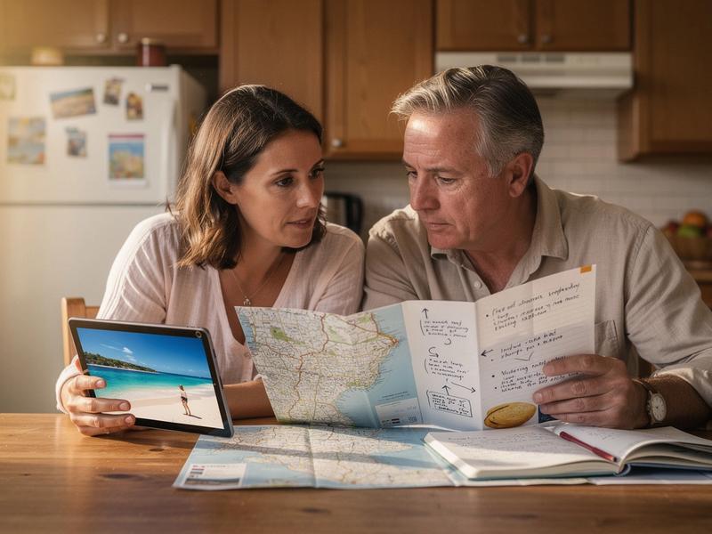Parents comparing beach destination options on a tablet at home