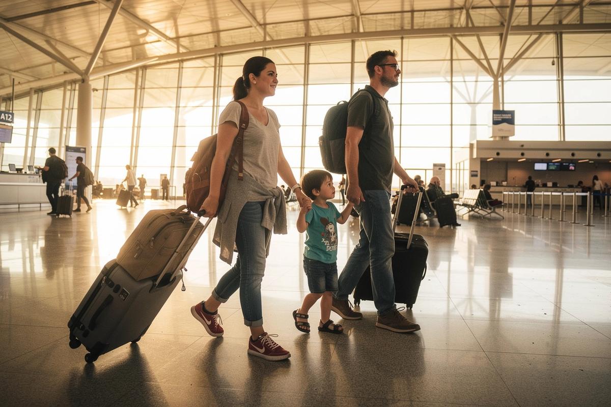 Family walking through a bright airport terminal with luggage