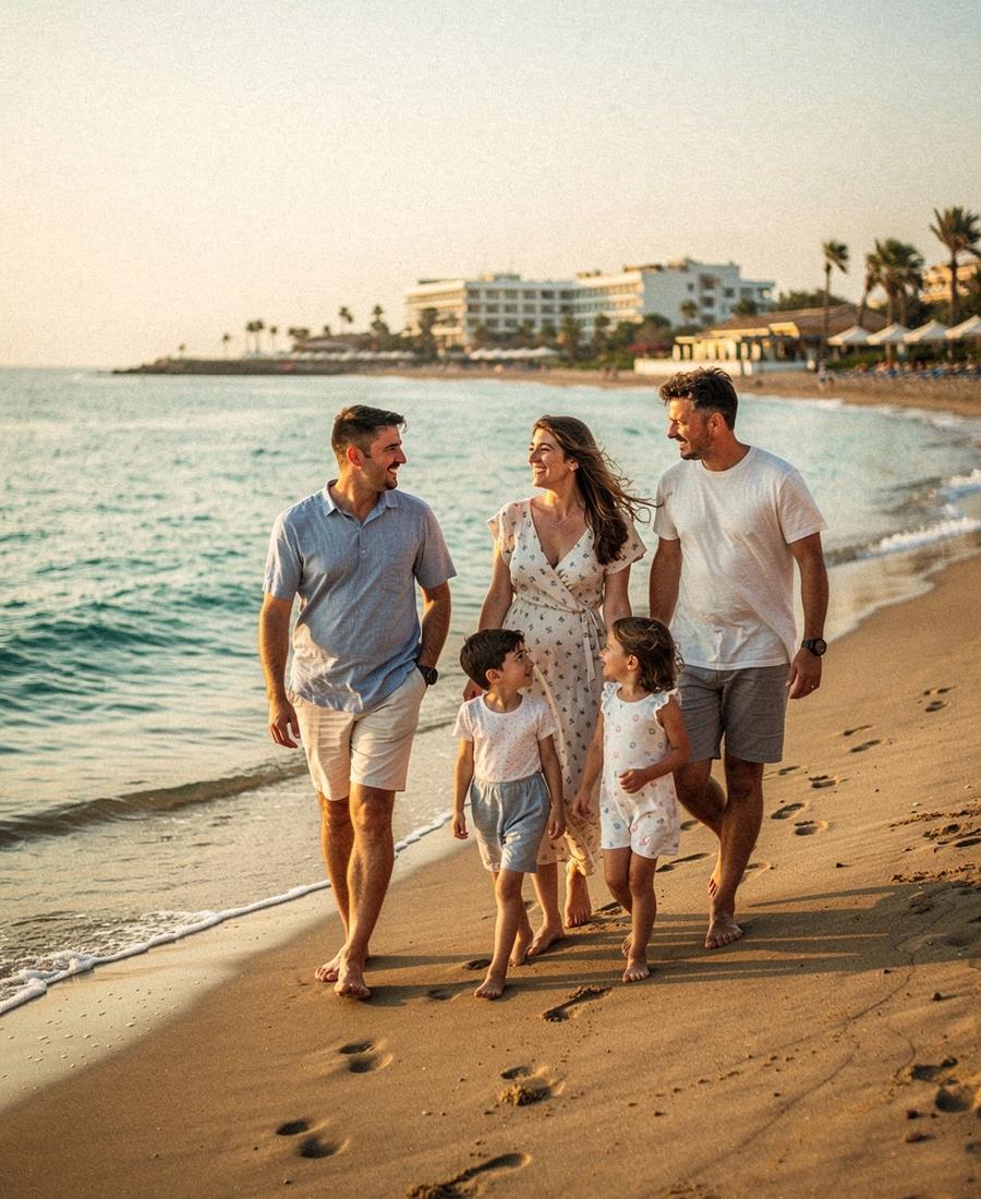 Parents and two children walking along a sunlit sandy shoreline with turquoise water