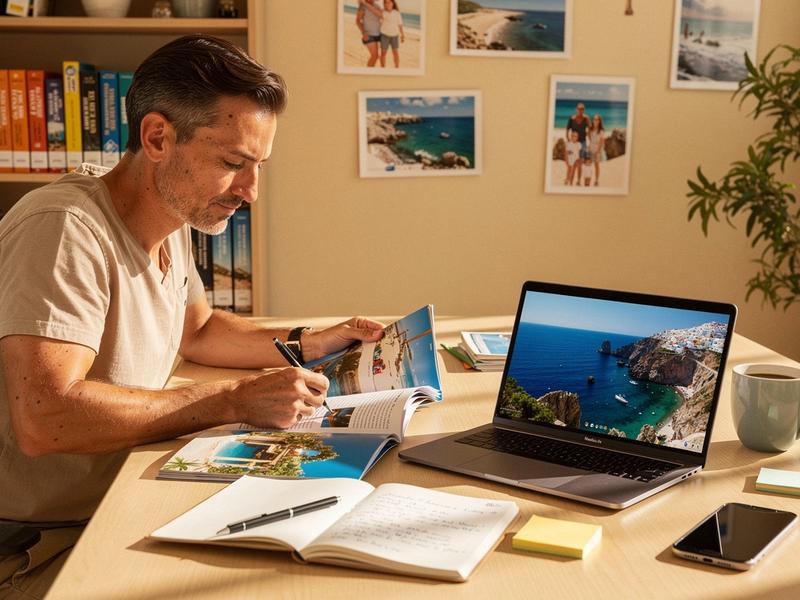 A family planner reviewing resort options with a laptop and notes