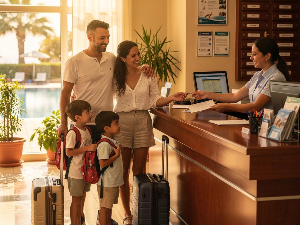 Family with luggage checking in at a sunny resort reception